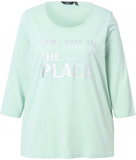 Ulla Popken Metallic Lettering 3/4 Sleeve Tee Mint Green - Tryckta T-shirts för dam i stora storlekar - 