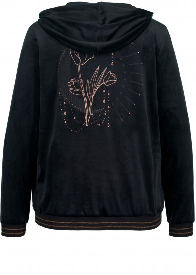 Ulla Popken Tulip Line Print Velour Zip Hoodie Black - Collegetröjor & hoodies - 