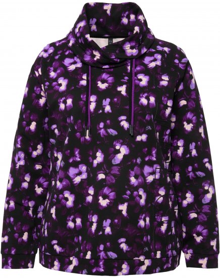 Ulla Popken Floral Print Drawstring Collar Hoodie Black - Collegetröjor & hoodies - 