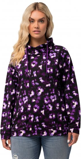 Ulla Popken Floral Print Drawstring Collar Hoodie Black - Collegetröjor & hoodies - 