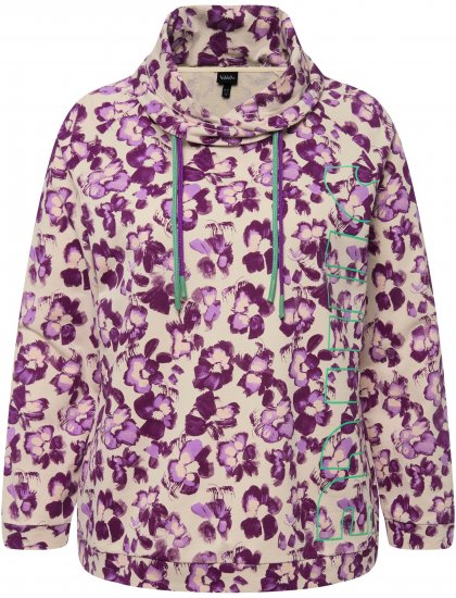 Ulla Popken Floral Print Drawstring Collar Hoodie Vanilla - Collegetröjor & hoodies - 