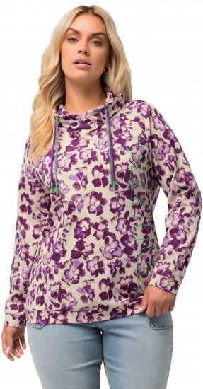 Ulla Popken Floral Print Drawstring Collar Hoodie Vanilla - Collegetröjor & hoodies - 