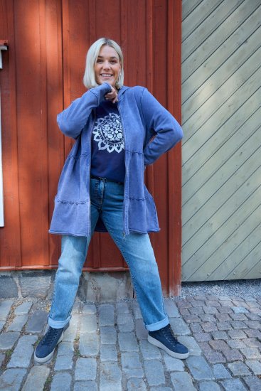 Ulla Popken Tiered Flounce Panel Zip Up Hoodie Atlantic Blue - Collegetröjor & hoodies - 