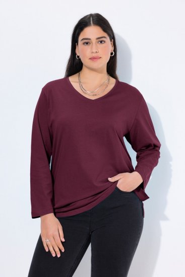 Ulla Popken Back To Basics V-Neck Relaxed Fit Cotton Tee Dark Berry - T-shirts - T-shirts för kvinnor