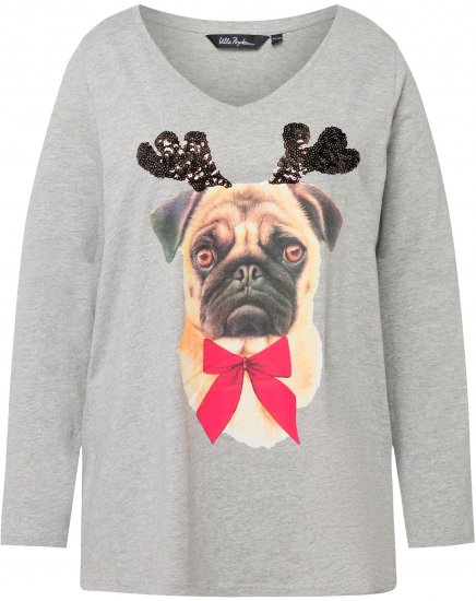 Ulla Popken Holiday Pup Sequin Accent A-line Fit Tee Light Grey Melange - Tryckta T-shirts för dam i stora storlekar - 