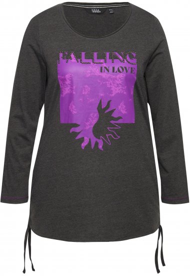 Ulla Popken Tie Hem Long Sleeve Graphic Tee Charcoal Grey Melange - Tryckta T-shirts för dam i stora storlekar - 