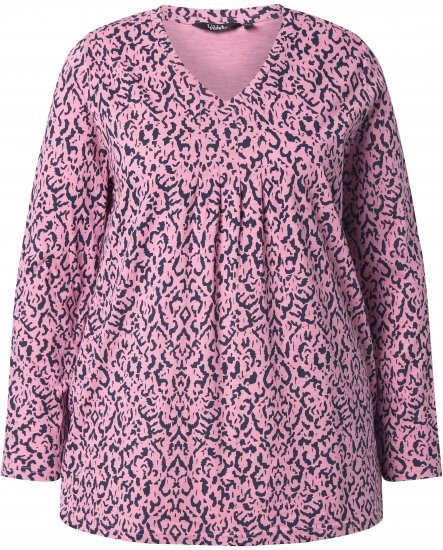 Ulla Popken Geometric Print 3/4 Sleeve Pleated Tee Raspberry - Tryckta T-shirts för dam i stora storlekar - 