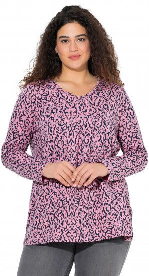 Ulla Popken Geometric Print 3/4 Sleeve Pleated Tee Raspberry - Tryckta T-shirts för dam i stora storlekar - 