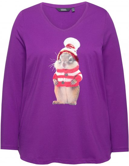 Ulla Popken Christmas Squirrel Long Sleeve Graphic Tee Dark Purple - Tryckta T-shirts för dam i stora storlekar - 