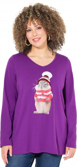 Ulla Popken Christmas Squirrel Long Sleeve Graphic Tee Dark Purple - Tryckta T-shirts för dam i stora storlekar - 