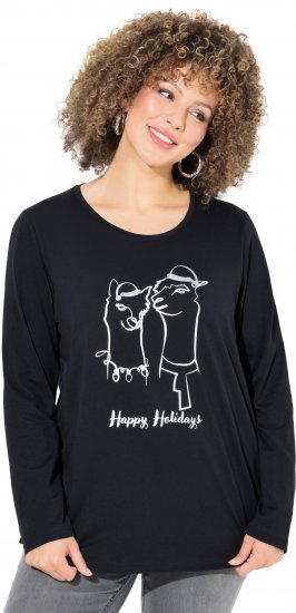Ulla Popken Metallic Graphic Holiday Tee Black - Tryckta T-shirts för dam i stora storlekar - 