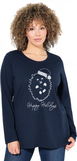 Ulla Popken Metallic Graphic Holiday Tee Navy - Tryckta T-shirts för dam i stora storlekar - 
