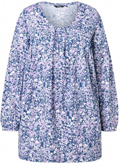 Ulla Popken Allover Printed Pleated Long Sleeve Tee Dark Blue - Tryckta T-shirts för dam i stora storlekar - 