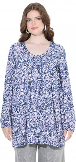 Ulla Popken Allover Printed Pleated Long Sleeve Tee Dark Blue - Tryckta T-shirts för dam i stora storlekar - 