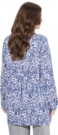 Ulla Popken Allover Printed Pleated Long Sleeve Tee Dark Blue - Tryckta T-shirts för dam i stora storlekar - 