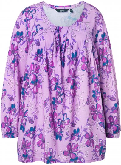 Ulla Popken Allover Printed Pleated Long Sleeve Tee Lavender - Tryckta T-shirts för dam i stora storlekar - 