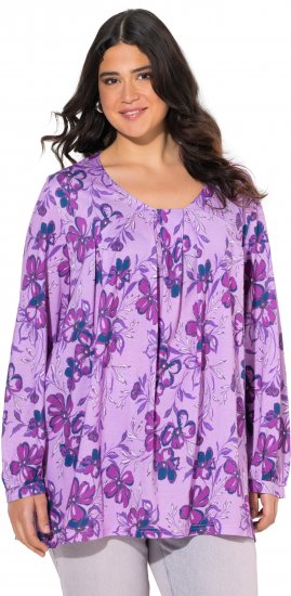 Ulla Popken Allover Printed Pleated Long Sleeve Tee Lavender - Tryckta T-shirts för dam i stora storlekar - 