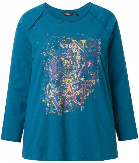 Ulla Popken Inverted Seam Long Sleeve Graphic Tee Teal - Tryckta T-shirts för dam i stora storlekar - 