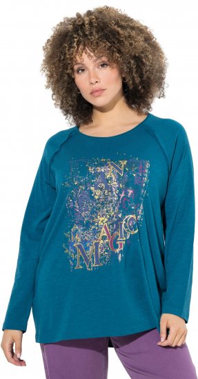 Ulla Popken Inverted Seam Long Sleeve Graphic Tee Teal - Tryckta T-shirts för dam i stora storlekar - 