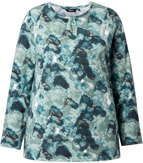 Ulla Popken Abstract Print Long Sleeve Tee Teal Green - Tryckta T-shirts för dam i stora storlekar - 