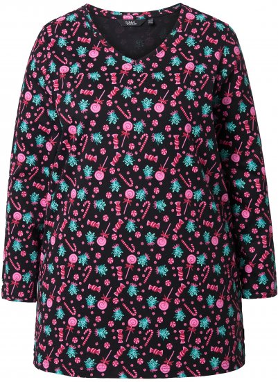 Ulla Popken Peppermint Tree V-Neck Holiday Cotton Long Sleeve Knit Tunic Black - Tryckta T-shirts för dam i stora storlekar - 