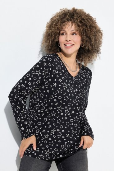 Ulla Popken Allover Printed Long Sleeve Tee Black - Tryckta T-shirts för dam i stora storlekar - Tryckta t-shirts för dam