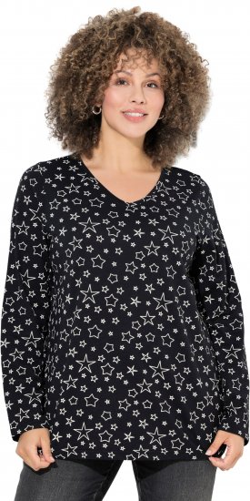 Ulla Popken Allover Printed Long Sleeve Tee Black - Tryckta T-shirts för dam i stora storlekar - 