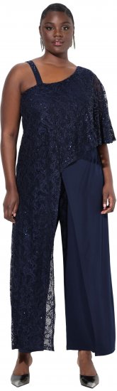 Ulla Popken Asymmetric Lace Panel Jumpsuit Navy - Jeans & Byxor i Stora Storlekar – Plus Size - 