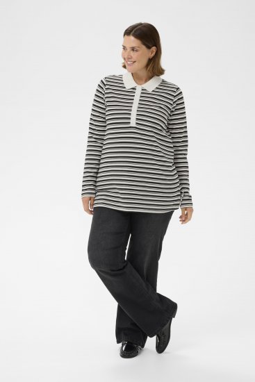 Kaffe Curve Miana Long Sleeve Polo Chalk with Black Stripe - Pikéer - 