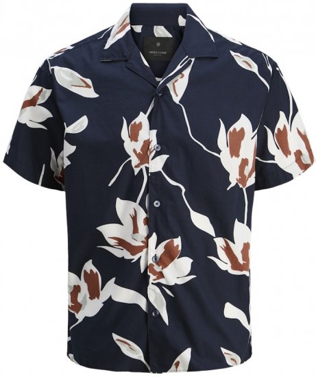 Jack & Jones Palermo Resort Print Short Sleeve Shirt Dark Blue - Skjortor - Stora skjortor - 2XL-8XL