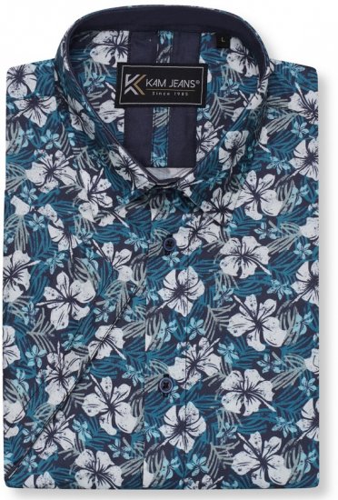 Kam Jeans 6061 Hibiscus Floral Print Short Sleeve Shirt Midnight Blue - Skjortor - Stora skjortor - 2XL-8XL