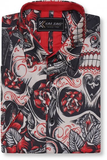 Kam Jeans 6062 Skull And Roses Print Short Sleeve Shirt Black - Skjortor - Stora skjortor - 2XL-8XL