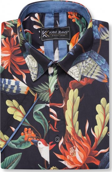 Kam Jeans 6066 Bird Print Short Sleeve Shirt Navy - Skjortor - Stora skjortor - 2XL-8XL