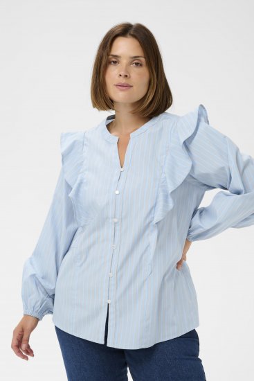 Kaffe Curve Lenia Flounce Shirt Powder Blue Stripe - Skjortblusar - 