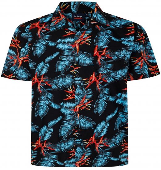 Espionage SH435 All Over Leaf Print Short Sleeve Shirt Black - Kortärmade skjortor - Kortärmade Skjortor Stora Storlekar