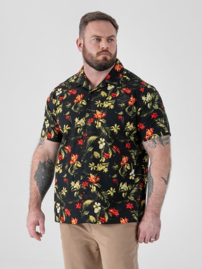 D555 Gordon Hawaiian AOP Cuvan Collar Resort Short Sleeve Black - Skjortor - Stora skjortor - 2XL-8XL