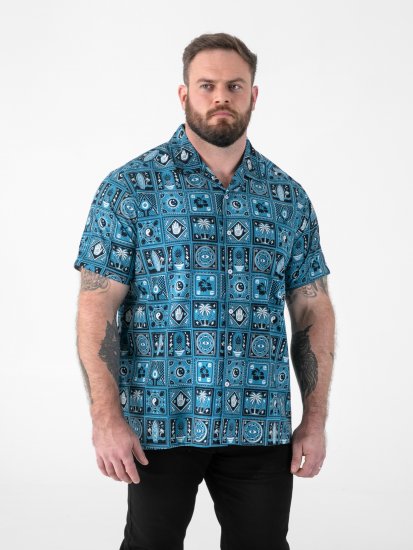 D555 Hawkins Printed Cuban Collar Resort Short Sleeve Shirt Teal - Skjortor - Stora skjortor - 2XL-8XL