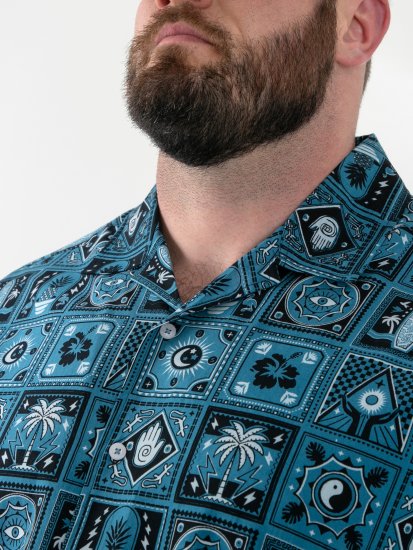 D555 Hawkins Printed Cuban Collar Resort Short Sleeve Shirt Teal - Skjortor - Stora skjortor - 2XL-8XL
