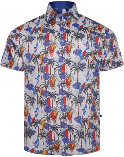 Kam Jeans 6060 Palm Tree and Surf Boards Short Sleeve Shirt White - Skjortor - Stora skjortor - 2XL-8XL