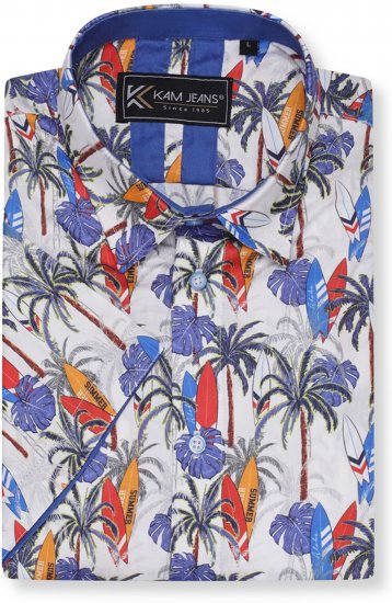 Kam Jeans 6060 Palm Tree and Surf Boards Short Sleeve Shirt White - Skjortor - Stora skjortor - 2XL-8XL