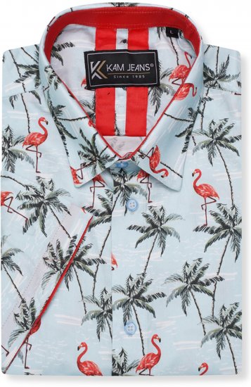 Kam Jeans 6067 Flamingo and Palm Tree Short Sleeve Shirt Blue - Skjortor - Stora skjortor - 2XL-8XL