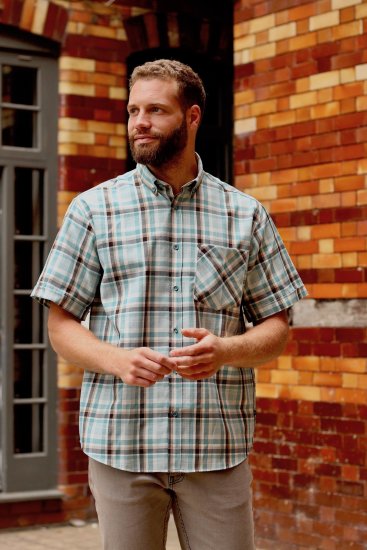 Kam Jeans 6339 Checked Short Sleeve Shirt Mineral Blue - Skjortor - Stora skjortor - 2XL-8XL