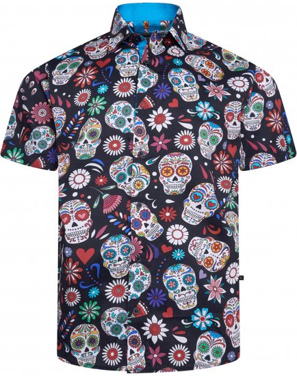 Kam Jeans 6069 Skull Print Short Sleeve Black - Skjortor - Stora skjortor - 2XL-8XL