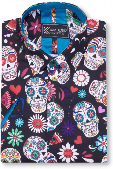 Kam Jeans 6069 Skull Print Short Sleeve Black - Skjortor - Stora skjortor - 2XL-8XL