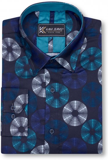 Kam Jeans 6071 Record Print Long Sleeve Shirt Navy - Skjortor - Stora skjortor - 2XL-8XL