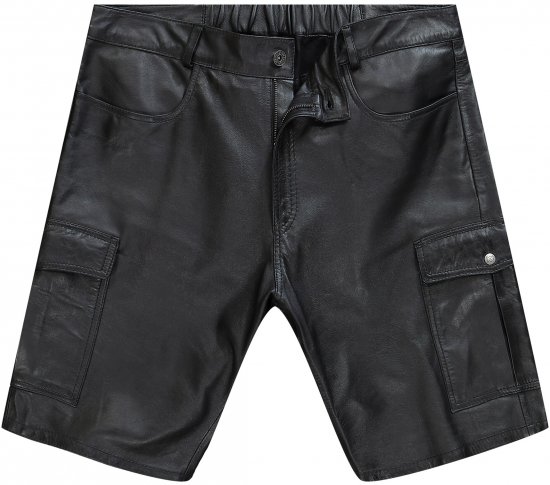 JP1880 Leather Shorts Cargo Pockets Lamb Nappa Leather Black - Shorts - Stora shorts W40-W60