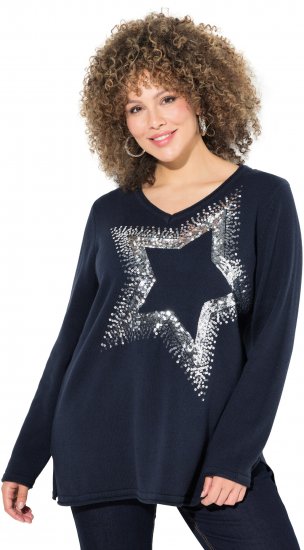 Ulla Popken Sequined Star Rolled Edge Sweater Navy - Collegetröjor & hoodies - 