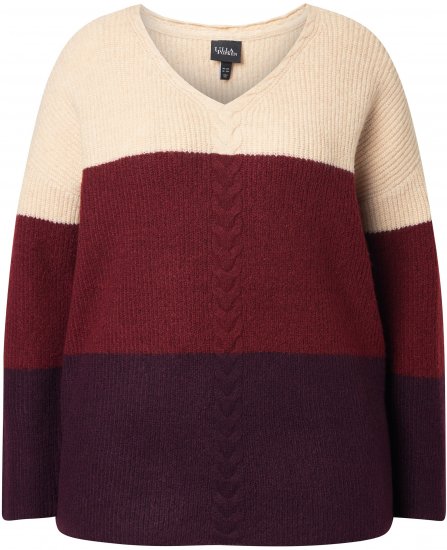 Ulla Popken Cable Knit Block Stripe V-Neck Sweater Dark Ruby - Collegetröjor & hoodies - 
