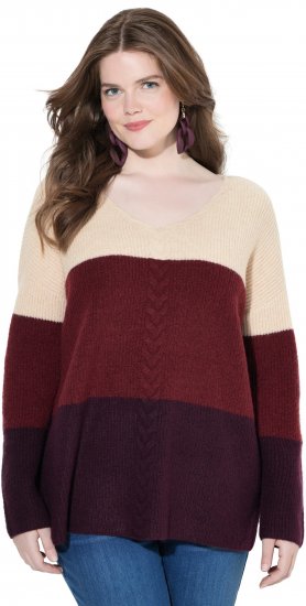 Ulla Popken Cable Knit Block Stripe V-Neck Sweater Dark Ruby - Collegetröjor & hoodies - 