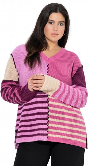 Ulla Popken Patchwork Striped Long Sleeve V-Neck Sweater Raspberry - Collegetröjor & hoodies - 